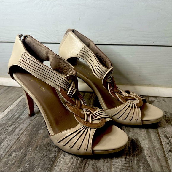 Cole Haan Open Toe Beige Leather Heels Size 8 - Picture 1 of 3